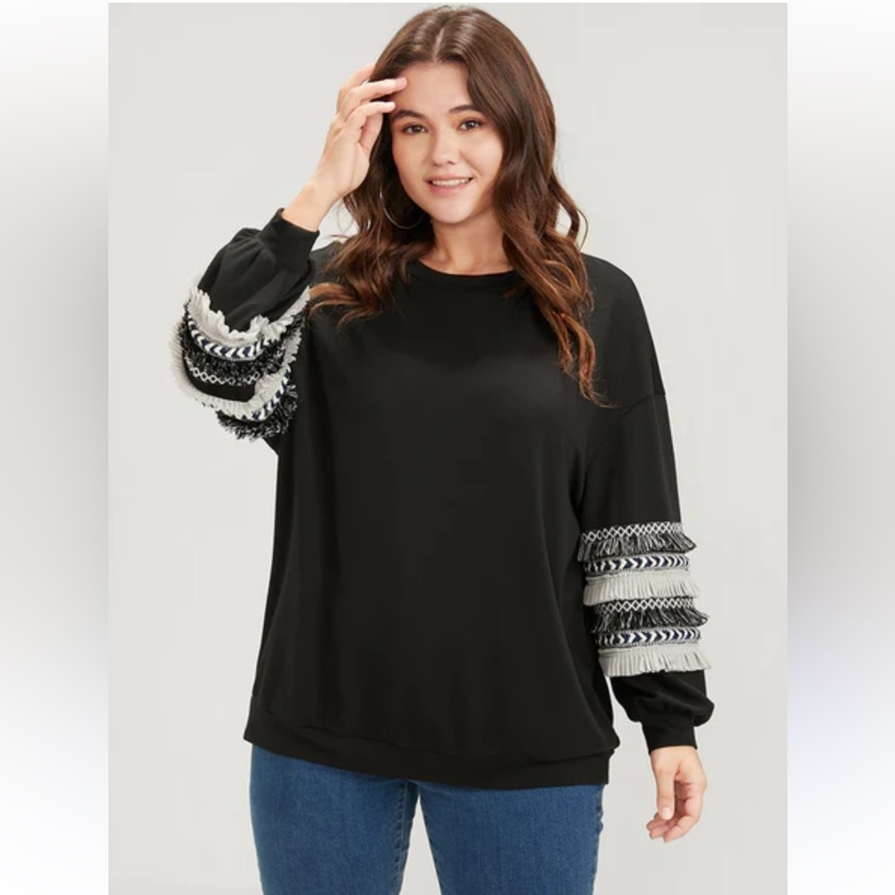 BiBi Black Long Sleeve Top. Detailed Sleeve Women's L/XL Slimming Flattering